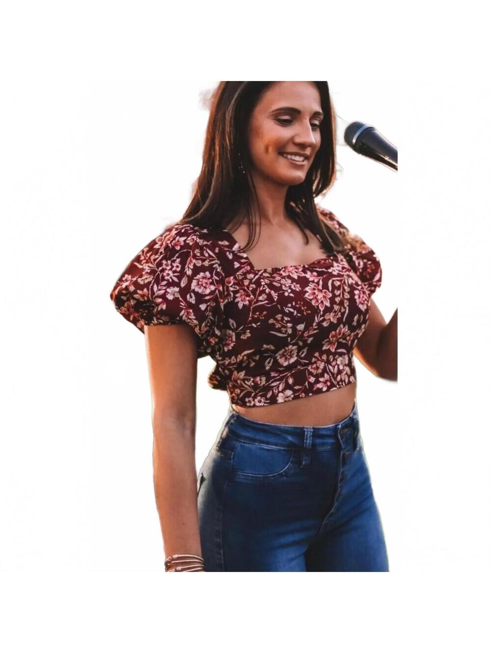 Urban Outfitters floral Crop Top dark Red Womens Small puff short sleeve nwot